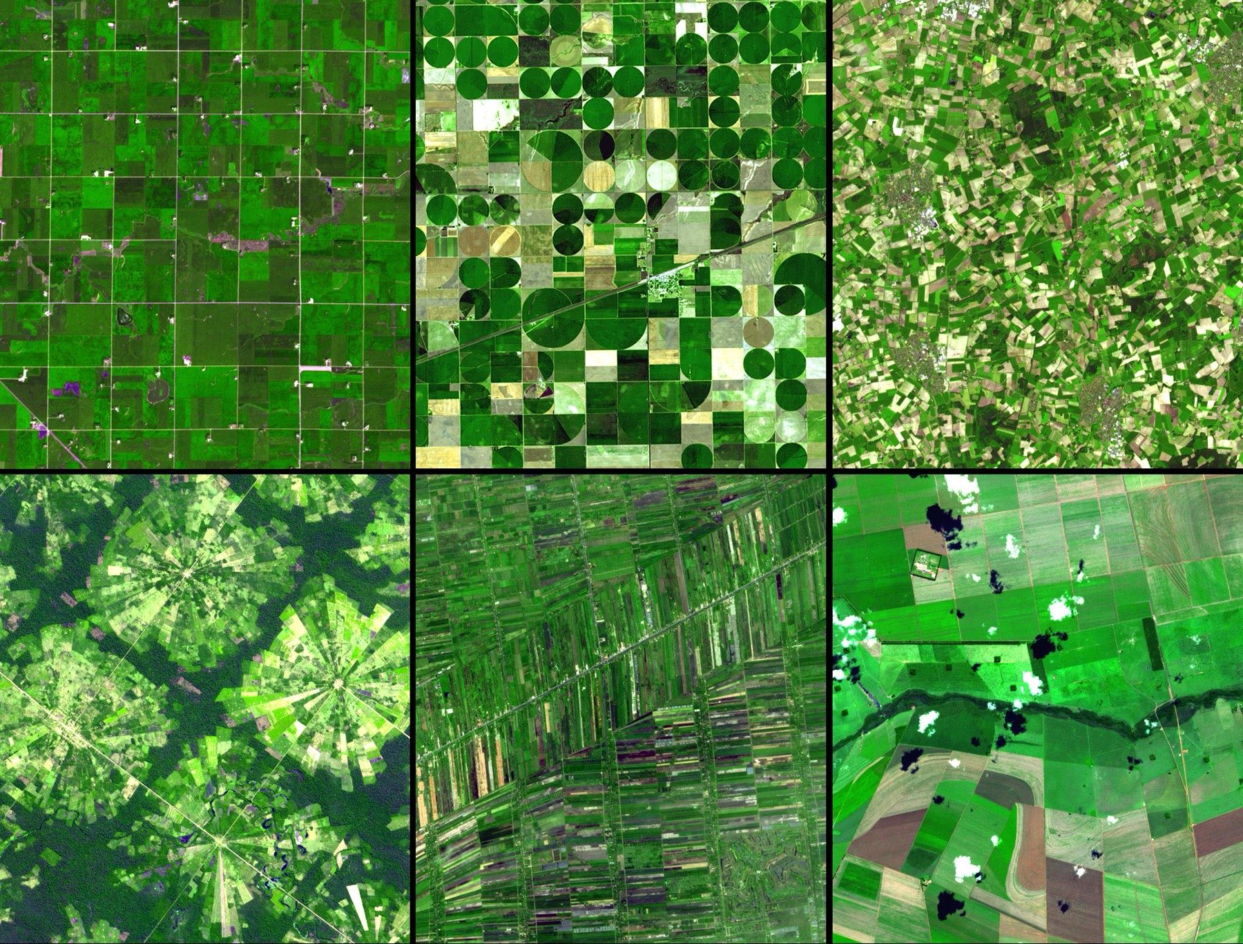 Montaje satelital ASTER (NASA) que ilustra distintos patrones y geometrías de parcelas agrícolas — imagen ilustrativa de referencia, no corresponde a un proyecto específico de Biotoken